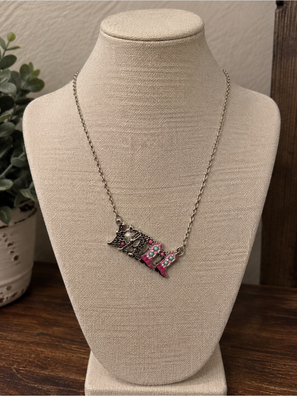 Silver-Tone Nameplate Necklace with Pink and Teal Accents